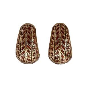 1980s St John Gold Plate Brown Enamel Snake Skin Pattern Half Hoop Clip Earrings